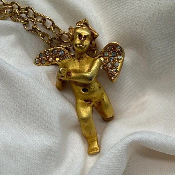 Kirk’s Folly Gold-tone Cherub Pendant Necklace with Crystal Wings - Picture 2 of 7